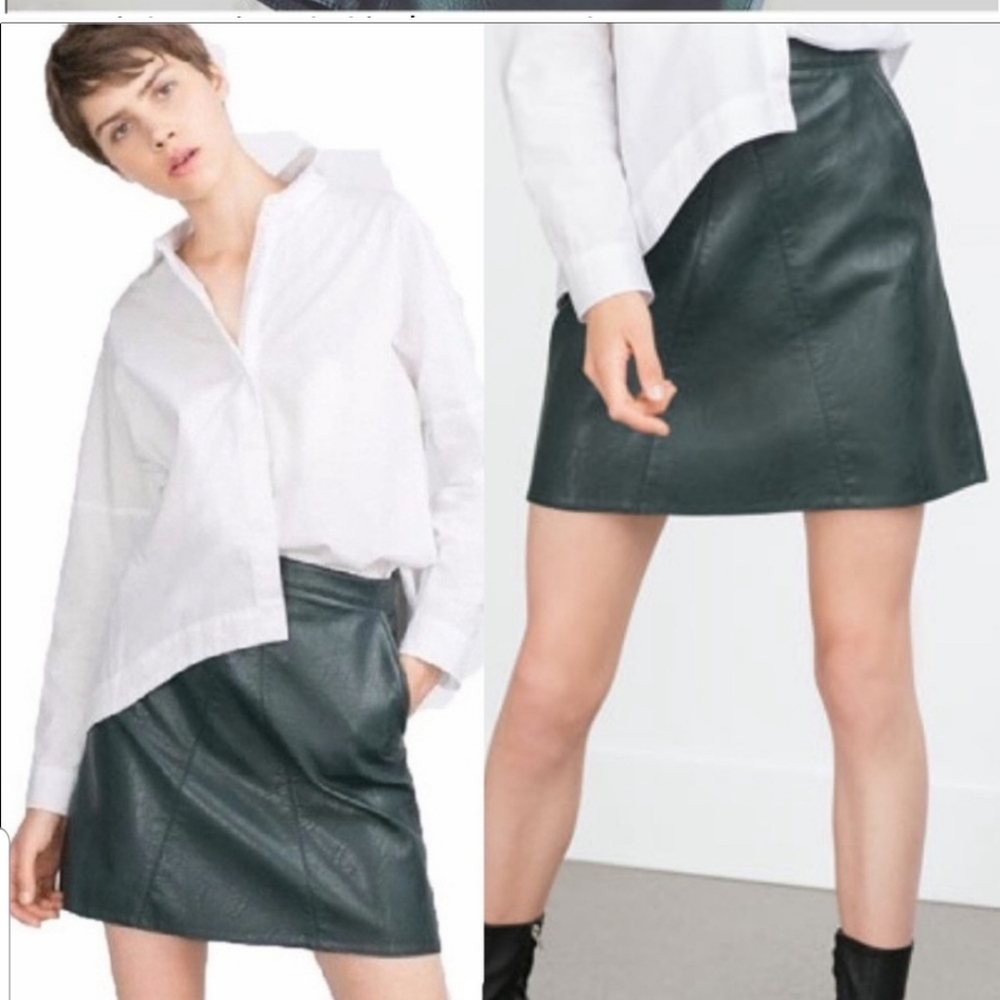 ZARA Vegan Faux Leather Micro Mini Skirt Emerald Dark Green XS